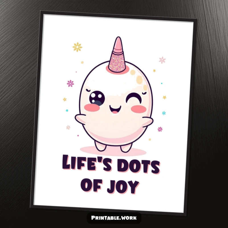 Funny poster illustrating a happy glitter glue character artfully dispensing shimmering dots, a vibrant piece of decor.