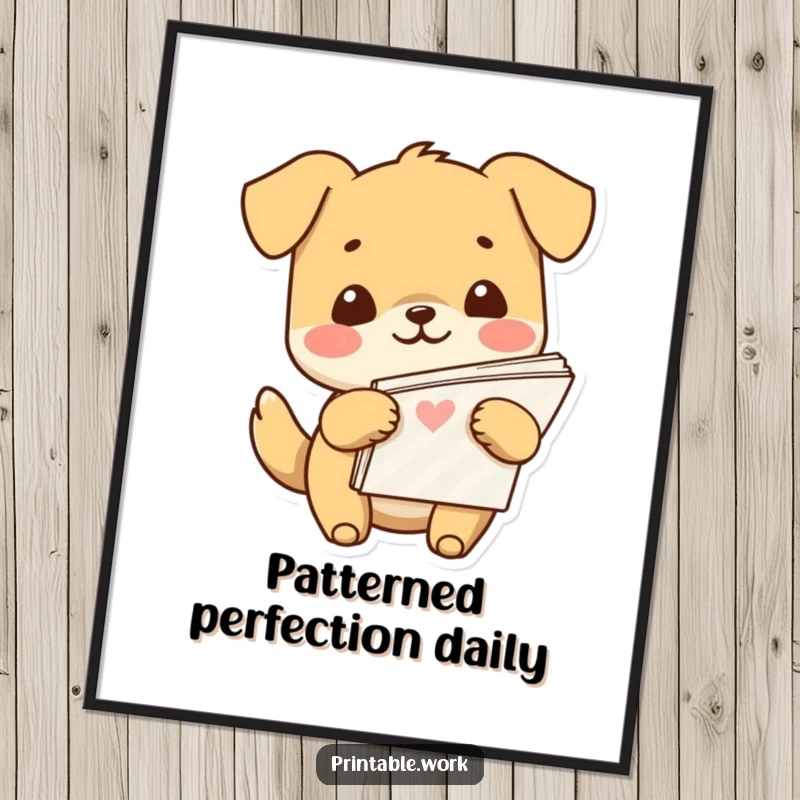Funny Kawaii dog character beaming while holding a large stack of patterned paper, presented as cheerful wall art.