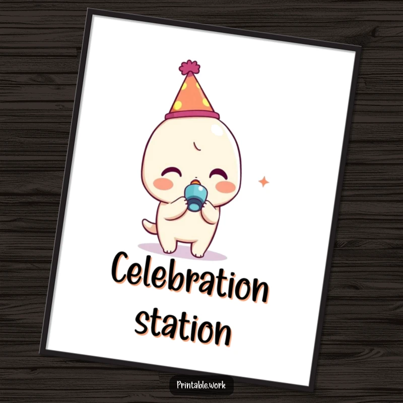 Funny Kawaii character wearing a party hat, blowing a noisemaker with confetti, a vibrant and festive poster for party enthusiasts.