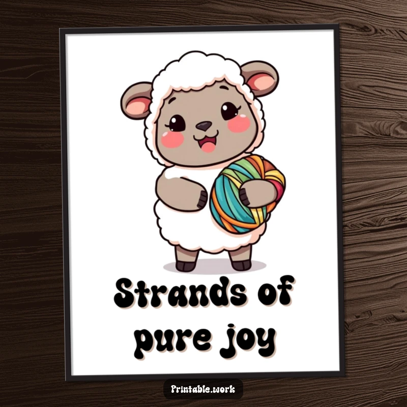 Funny Kawaii Sheep Yarn Poster featuring a cheerful sheep with a large bundle of colorful yarn, adding charm and humor, a perfect funny gift.