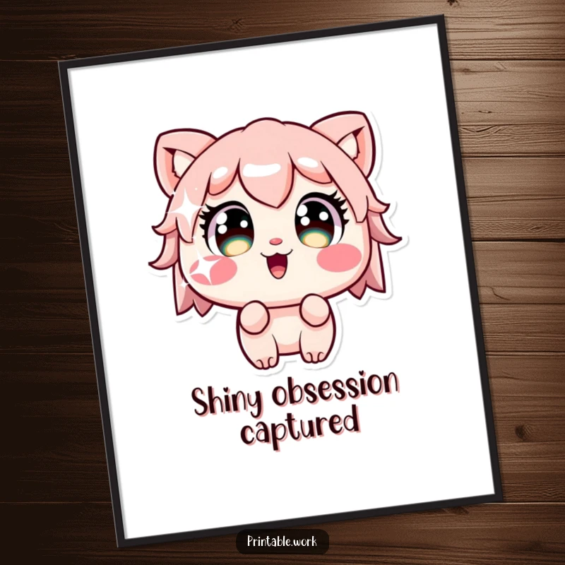 Funny Kawaii character with wide, amazed eyes staring intently at a brightly sparkling sticker on a humorous and captivating poster.