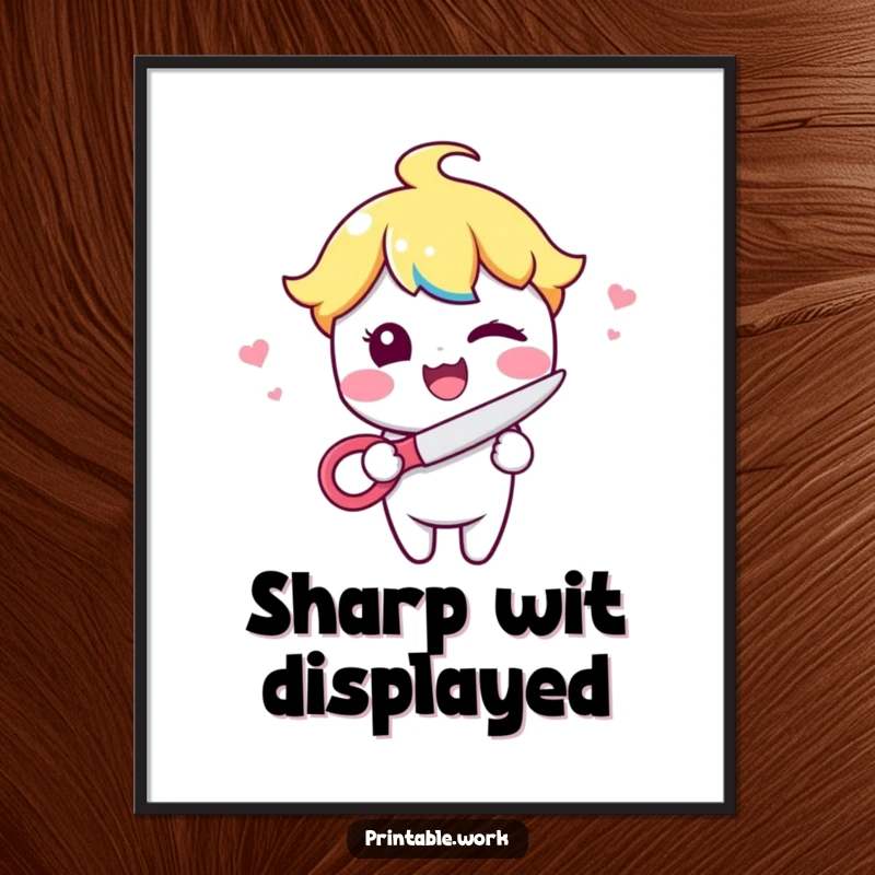 Funny Kawaii character giving a signature wink while holding a pair of scissors on a humorous and stylish poster.