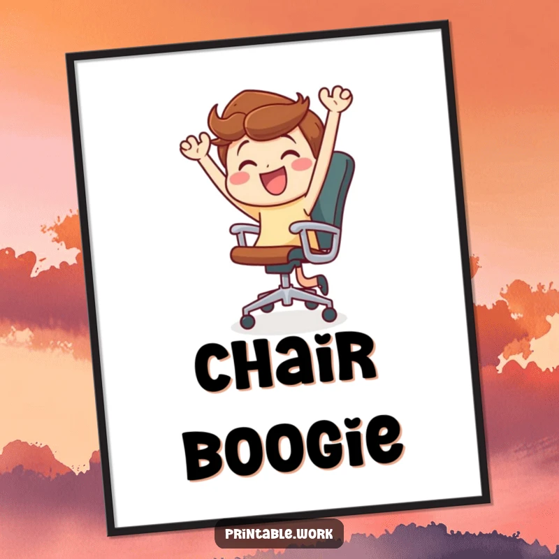 Funny poster art of a character enthusiastically dancing and spinning in an office chair, a humorous depiction of pure joy.
