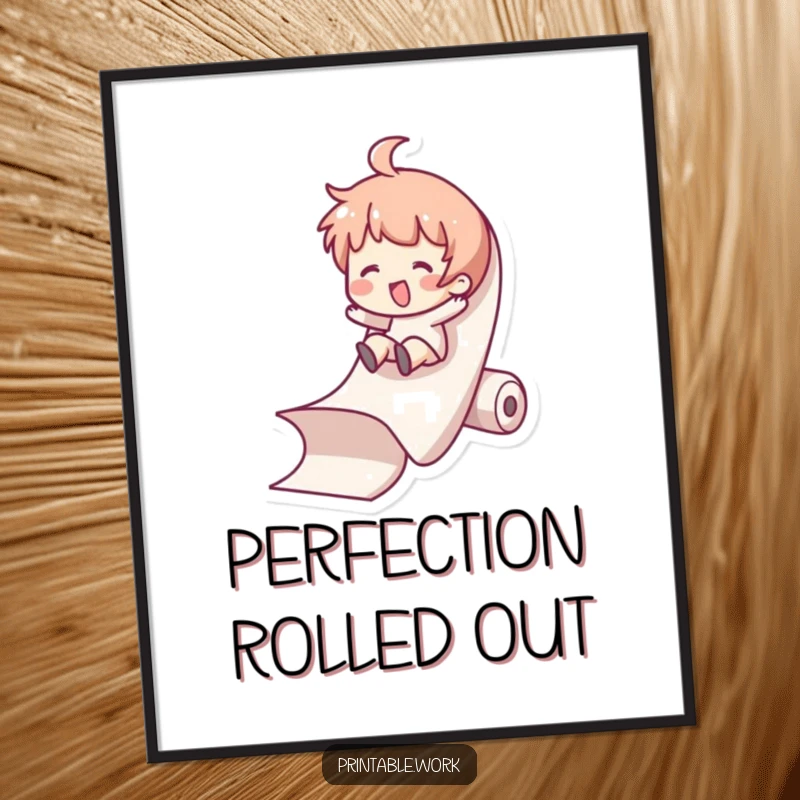 Funny Poster: A character slides down a giant paper roll, capturing a moment of spontaneous, hilarious office fun.