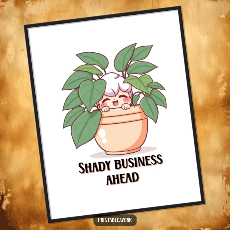 Funny poster art of a playful character concealed behind a large houseplant, giving a knowing wink.