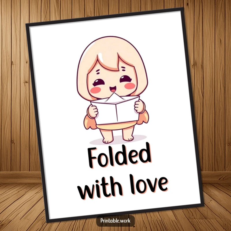 Funny poster: Printer character offering a perfectly folded piece of paper, celebrating neatness and order.