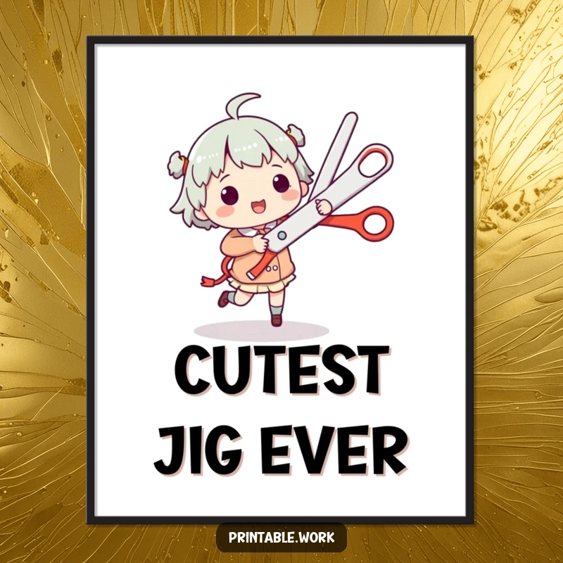 Funny Poster: Character dances a jig holding giant scissors, a vibrant depiction of uninhibited fun and celebration.