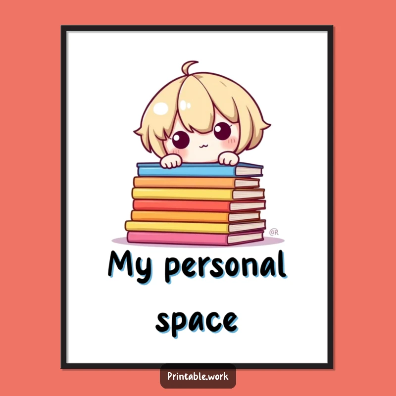 Funny Shy Kawaii Art Print: Adorable Book Character Decor, Perfect Funny Gift for Bookworms