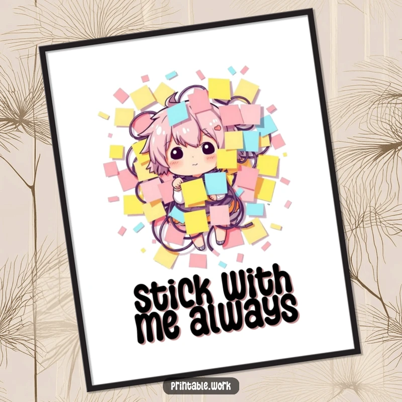 Funny poster depicting a character comically entangled in a huge pile of sticky notes, perfect for creative spaces.