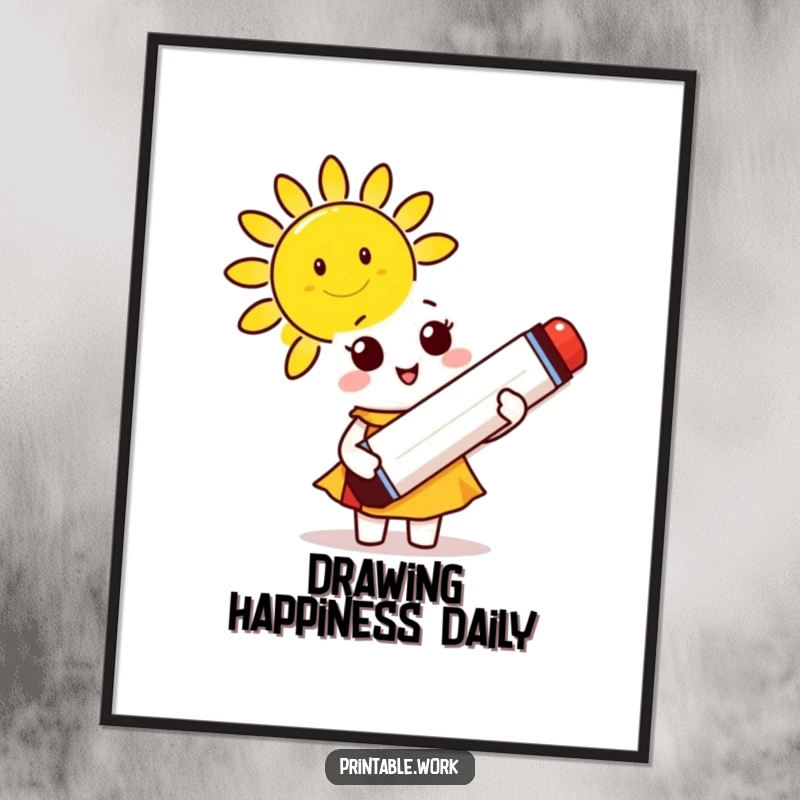 Funny Poster: A cute character holds a giant marker, drawing a smiling sun, radiating warmth and happiness.