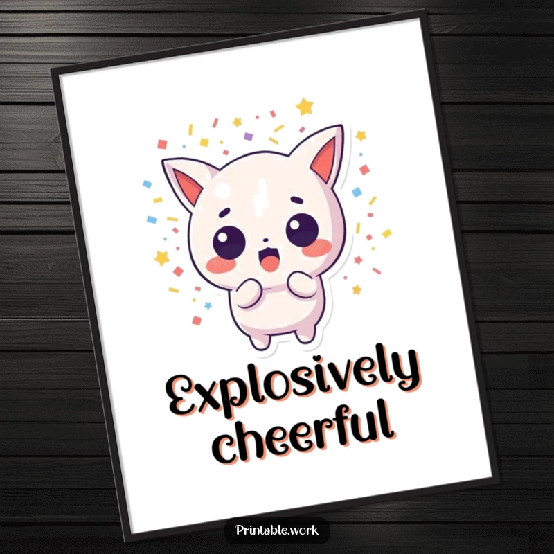 Funny poster of a surprised Kawaii character with a colorful confetti explosion, perfect for adding humor to wall decor.