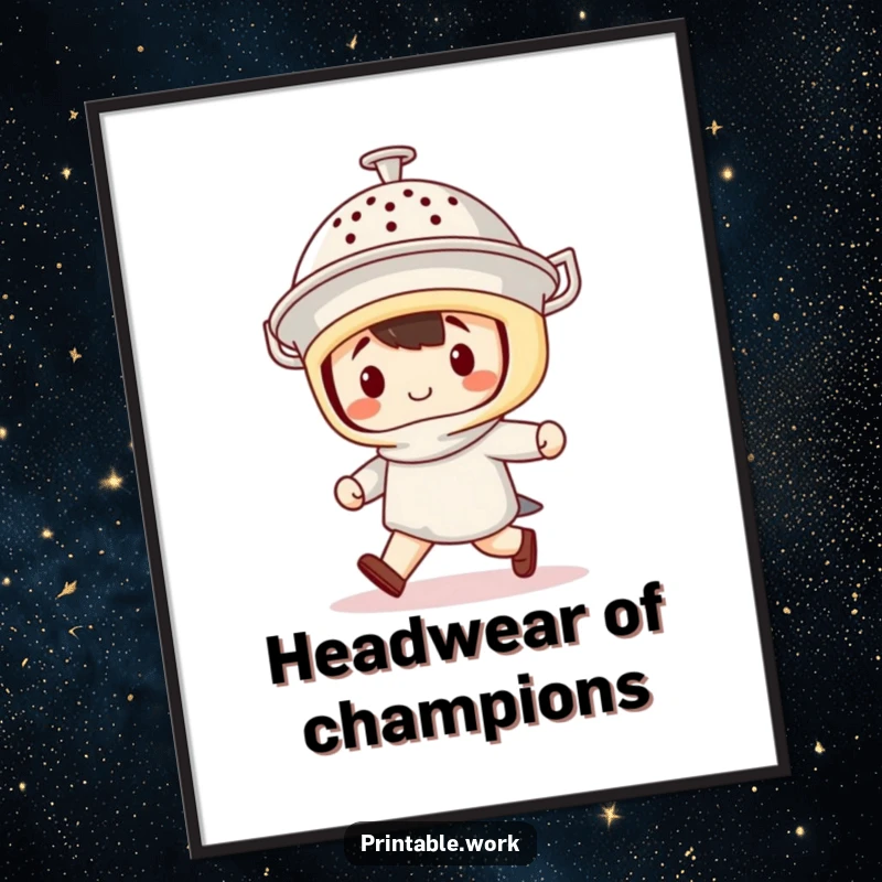 Funny Poster: Inspiring wall art of a kawaii character marching with confidence, a colander helmet adding a humorous and unique touch.