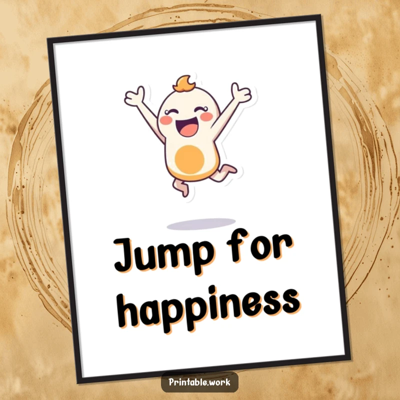 Funny poster of a bouncing character performing a joyful leap with a stencil, bringing dynamic energy and artistic inspiration to walls.
