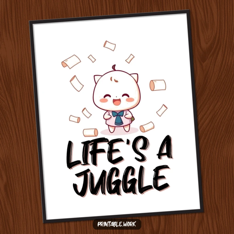 Funny Juggling Paper Poster: A character grinning while playfully juggling tiny rolls of paper, showcasing talent.