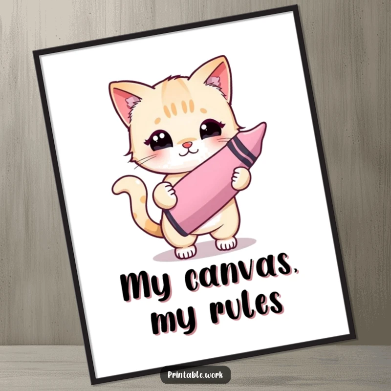 Funny Kawaii cat character painting with a crayon on a poster, adding a touch of artistic humor to any wall.