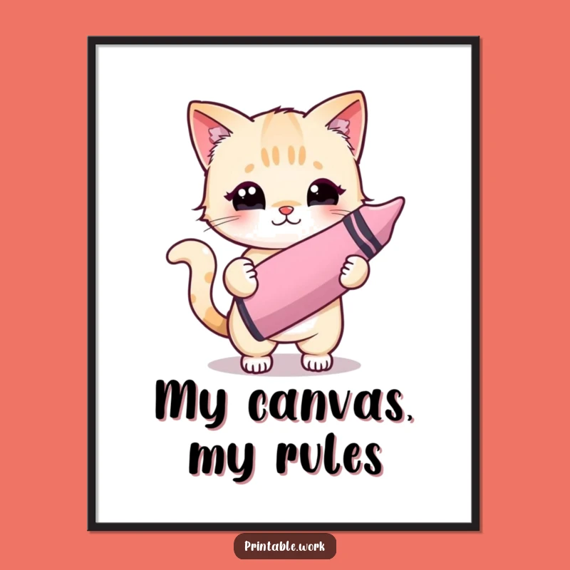 Funny Kawaii Cat Crayon Artist Poster: Wall Art That Makes You Smile