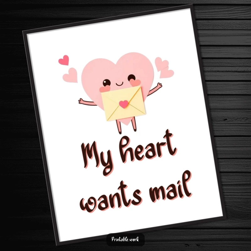 Funny Poster displaying a paper heart character with wide, open arms embracing a small envelope. A heartwarming and humorous piece.