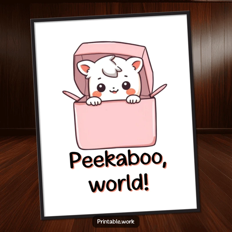 Funny Poster: A cheerful Kawaii character is peeking curiously from a vibrant, open box, creating a delightful wall art.