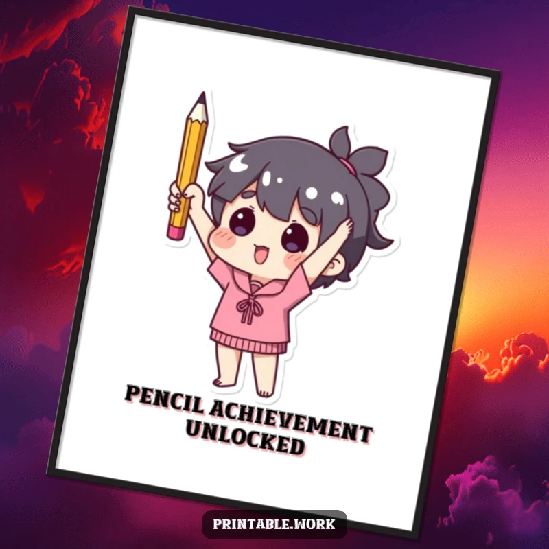 Funny poster showing a character triumphantly holding a single used pencil, representing minimalist achievement and office wit.