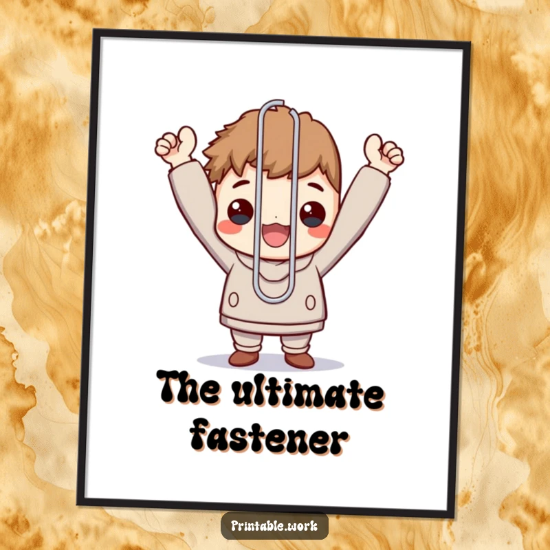 Funny poster print of a character triumphantly holding a single, enormous paperclip, celebrating small wins.