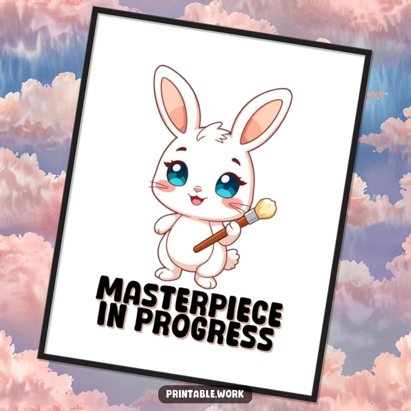 Funny Bunny Artist Poster: A vibrant artwork of a cheerful bunny with bright eyes holding a paintbrush, ready to create colorful masterpieces.