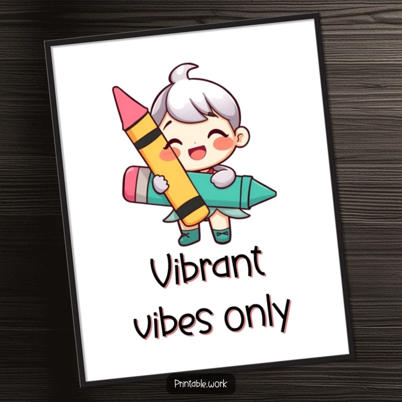 Funny poster of a happy character holding a large, vibrant crayon, bringing a sense of joy and artistic energy to any wall.