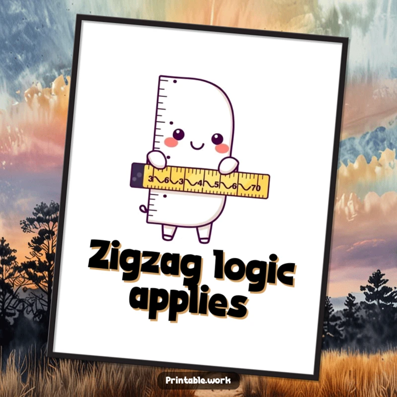 Funny ruler character art print showing him measuring humorous zigzags, capturing a playful and precise moment for wall decor.