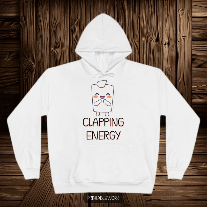 Funny hoodie: Happy paper character joyfully clapping with tiny hands, cozy and humorous apparel for spreading cheer.
