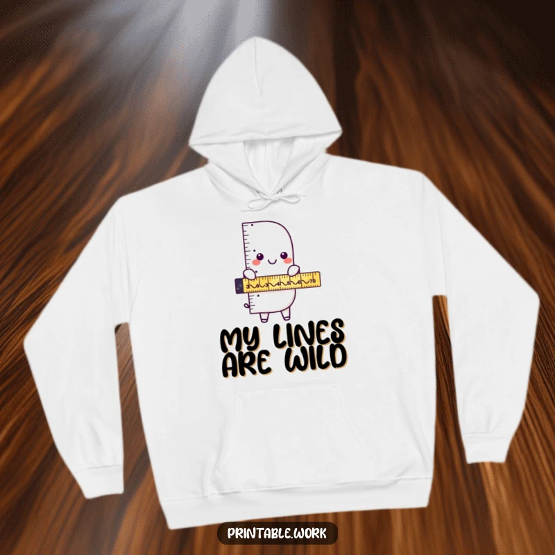 Funny ruler character measuring amusing zigzags on a cozy hoodie, offering warmth and humorous geometric-themed style.