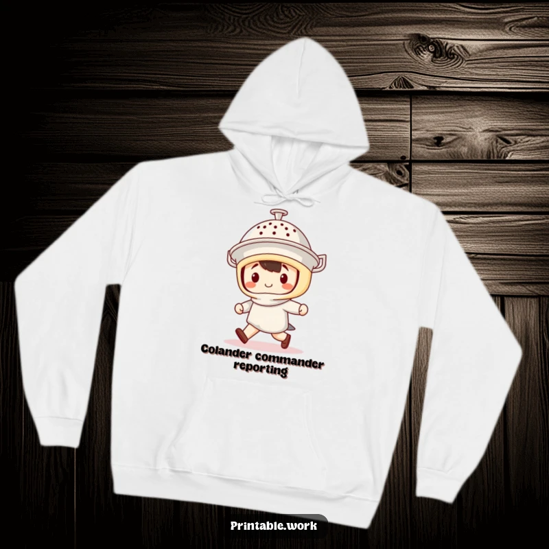 Funny Hoodie: Comfortable and warm hoodie featuring a kawaii character marching proudly with a colander helmet, a humorous and cozy choice.