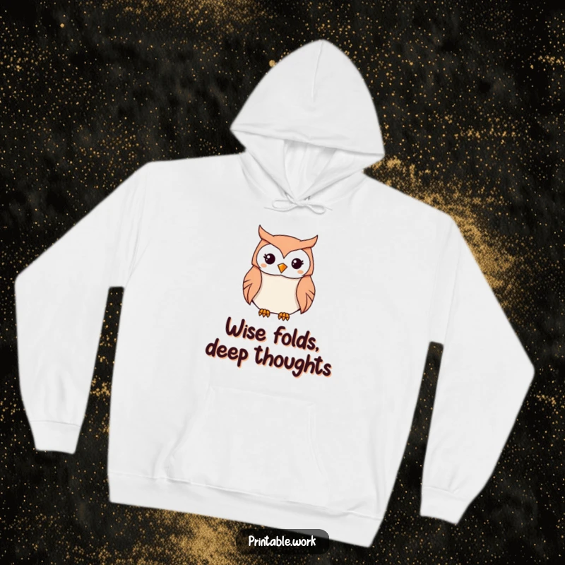 Funny Kawaii Owl Origami Hoodie depicting a determined owl focused on folding paper into an origami piece, a symbol of patience and a funny gift.