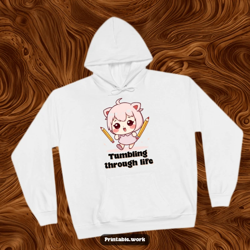 Funny Kawaii character in a comical pencil-tumble on a soft, cozy hoodie, ideal for embracing humor and comfort.