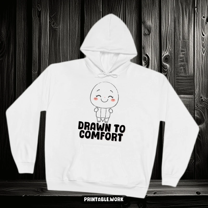 Funny smiling pencil character hoodie, happily drawing a cheerful, wobbly line, perfect for creative comfort and style.