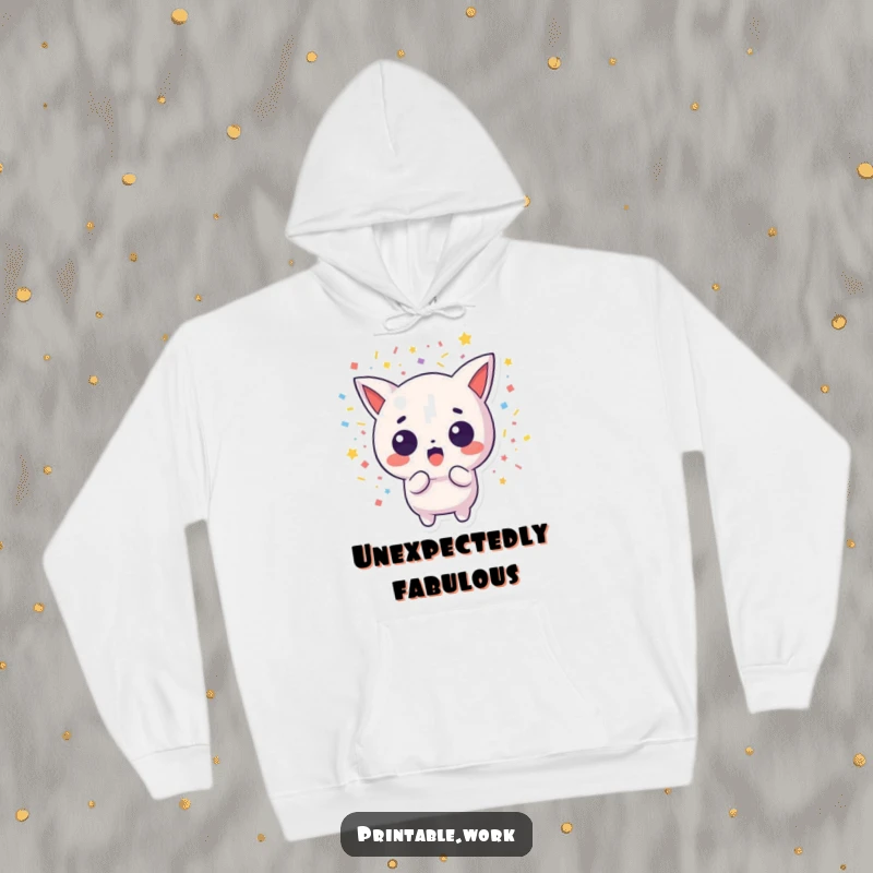 Funny hoodie showcasing a startled Kawaii character with a festive confetti explosion, ideal for cozy, humorous wear.