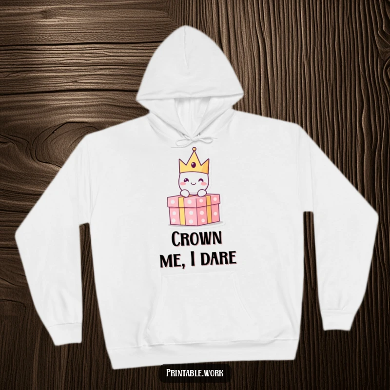 Funny paper crown character with a cheerful expression sitting atop a present, featured on a warm hoodie, ideal for festivities.