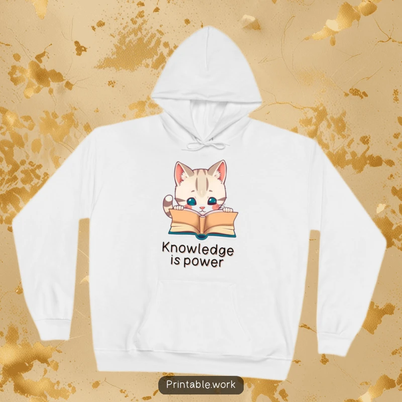 Funny hoodie showcasing a curious cat character engrossed in a tiny book, perfect for cozy reading moments.