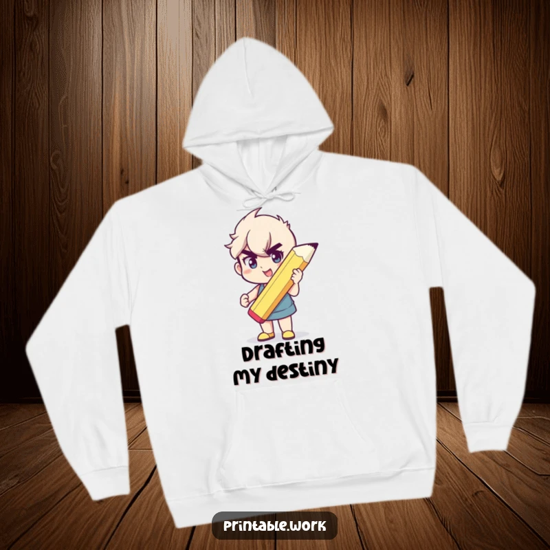 Funny warm hoodie with a character holding a giant pencil, symbolizing creative power and cozy humor.