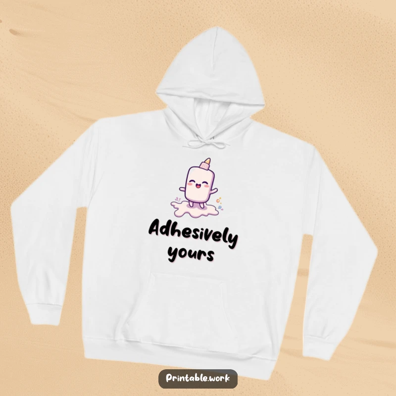 Funny hoodie with a cheerful glue stick character trailing shiny goo, perfect for cozy wear and creative inspiration.