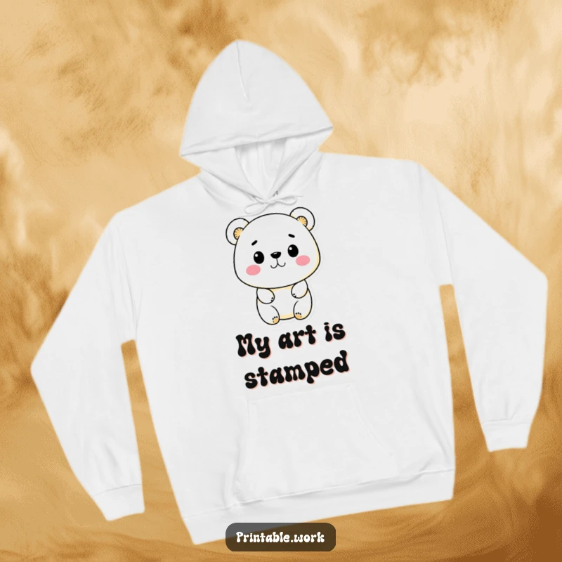 Funny Kawaii bear character busy stamping designs on a cozy hoodie, embodying creative comfort and playful humor.
