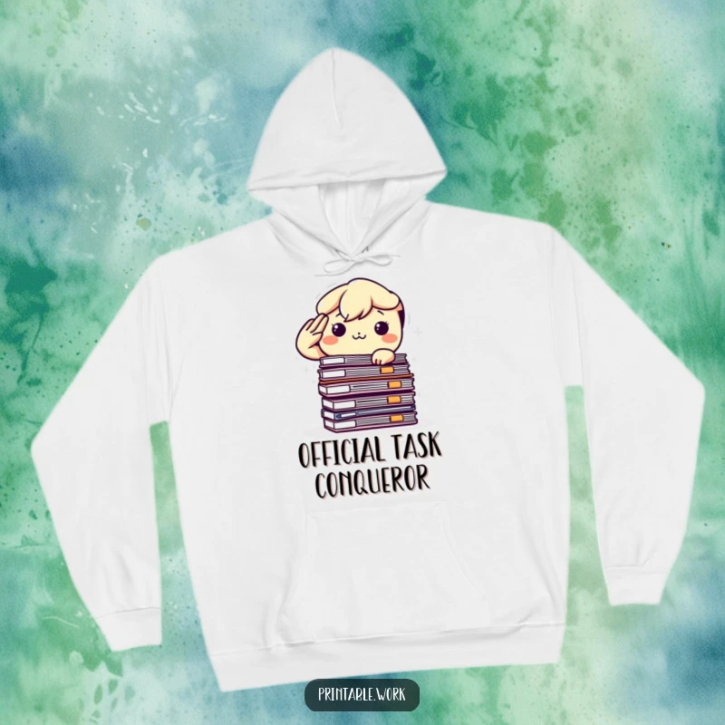 Funny Kawaii Hoodie: A determined office character saluting a large stack of files, showcasing dedication and humor in a cozy design.
