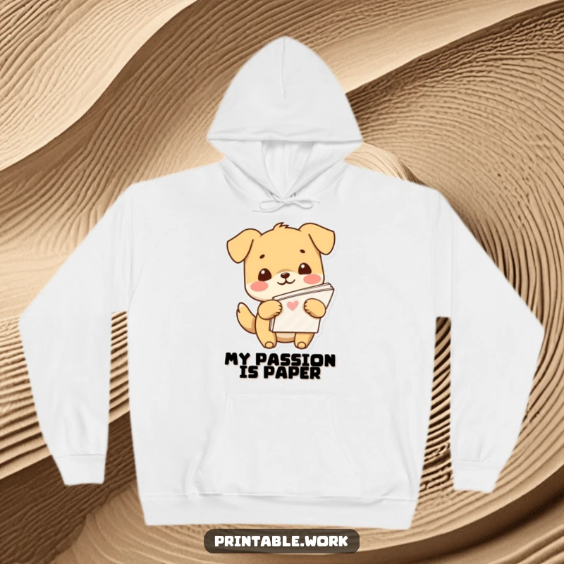 Funny Kawaii dog character smiling widely, holding a stack of patterned paper, designed on a warm and cozy hoodie.
