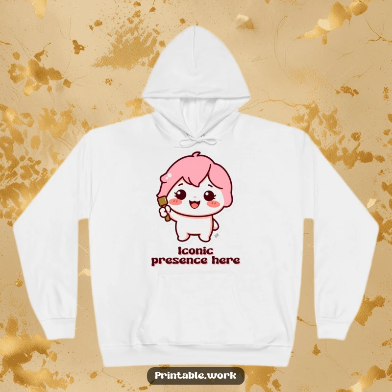 Funny hoodie showing a cute Kawaii character cheerfully stamping a large, colorful icon with a big smile.