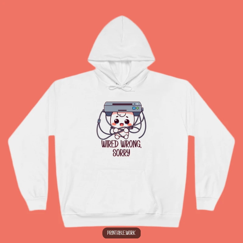 Funny Tech Trouble Hoodie: Cozy Surprised Kawaii Character in Cables Gift