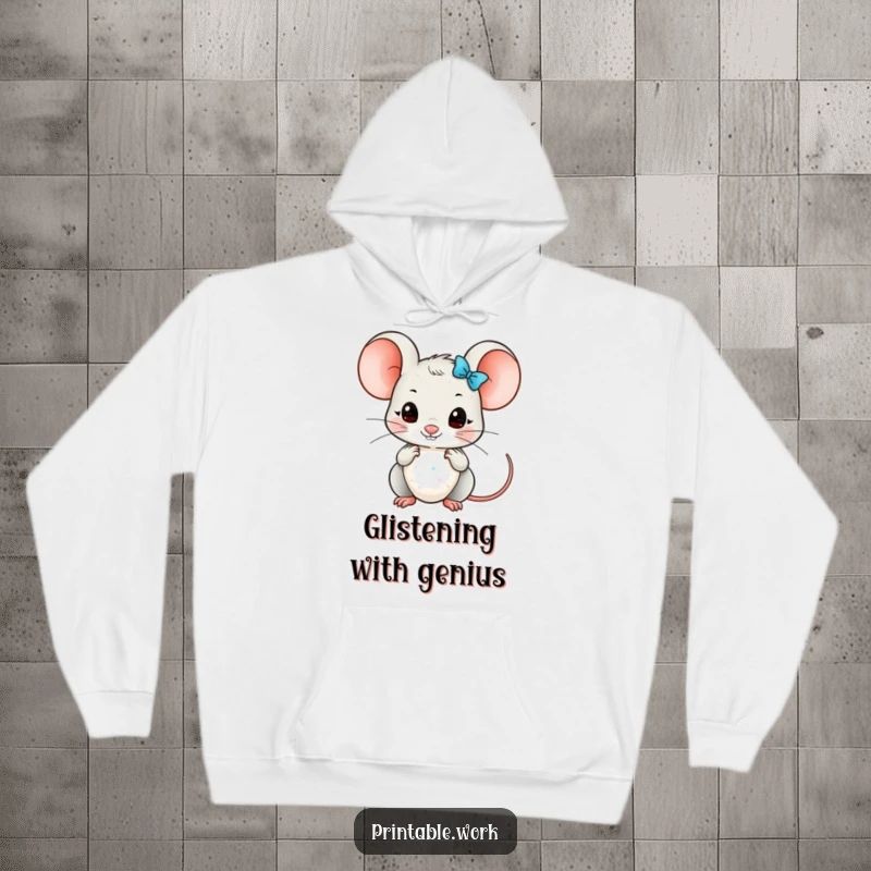 Funny Kawaii mouse character arranging glittery embellishments on a cozy hoodie, radiating meticulous charm and humor.