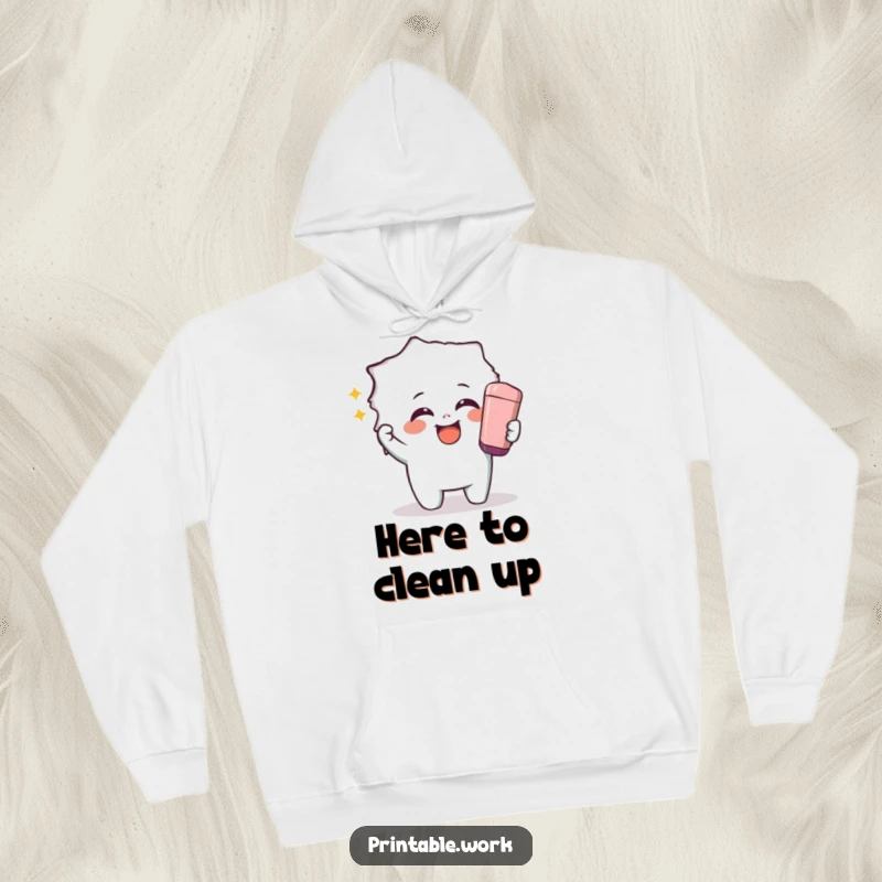 Funny hoodie showing a giggling character using a giant eraser to reveal a hidden image, perfect for cozy, fun reveals.