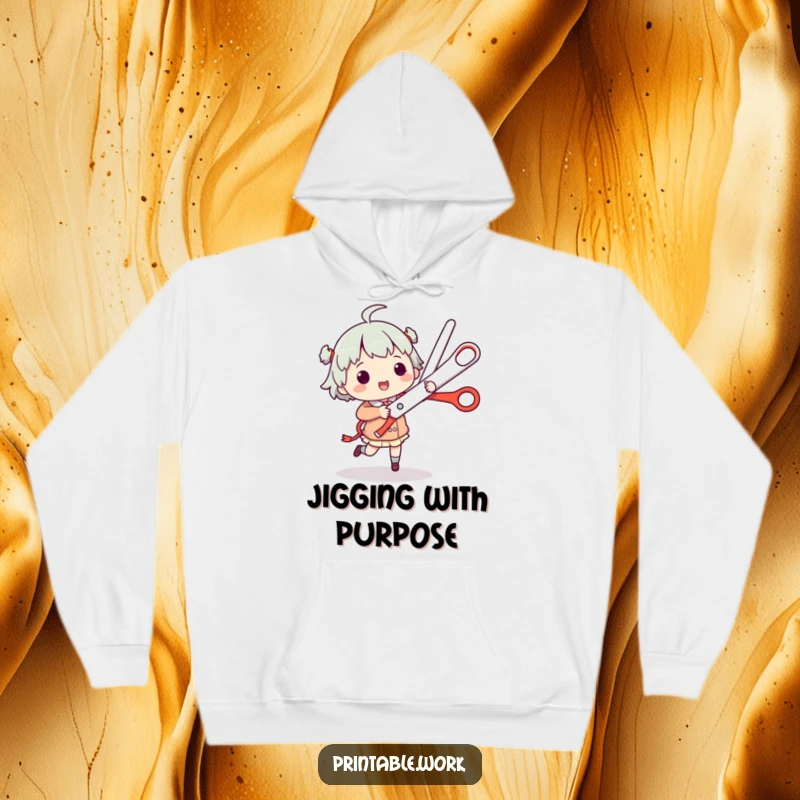 Funny Hoodie: Character jigs with oversized scissors, bringing an element of playful energy and humor.