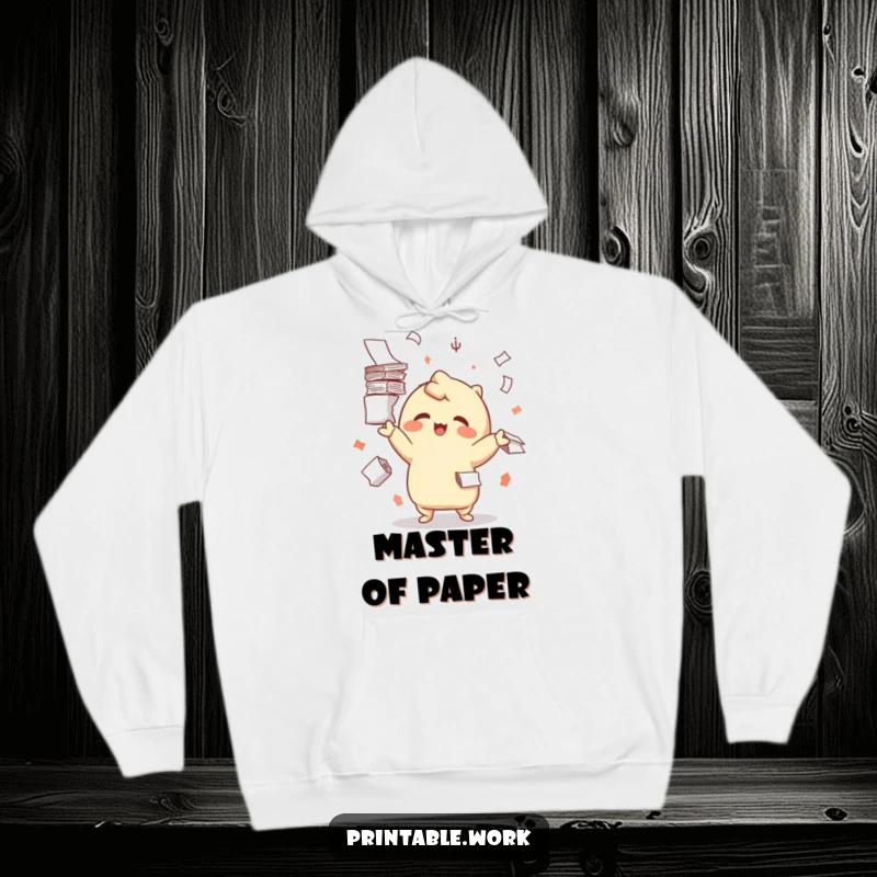 Funny hoodie illustrating a cheerful Kawaii character effortlessly juggling stacks of paper, promoting a lighthearted work ethic.