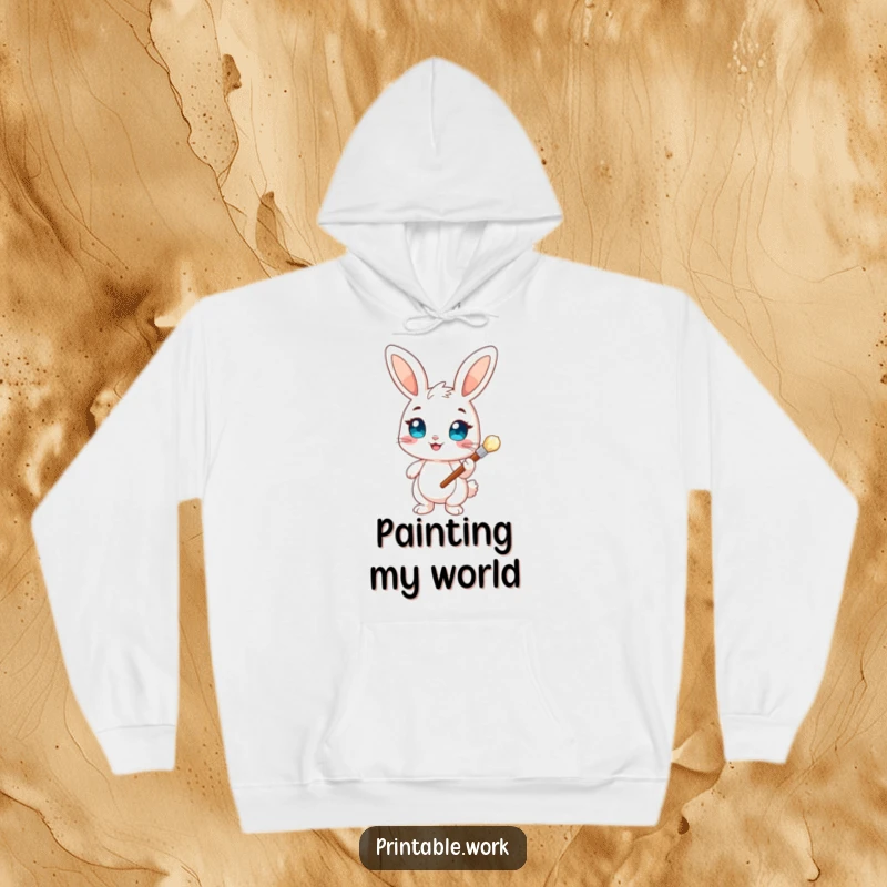 Funny Bunny Artist Hoodie: A warm hoodie featuring a cheerful bunny with bright eyes holding a paintbrush, perfect for cozy creative sessions.