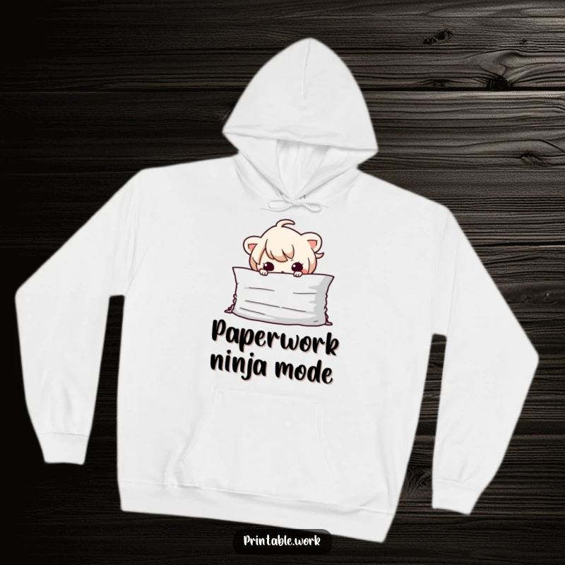 Funny Kawaii character hiding behind a pile of papers on a cozy hoodie, ideal for sneaky relaxation and warm comfort.