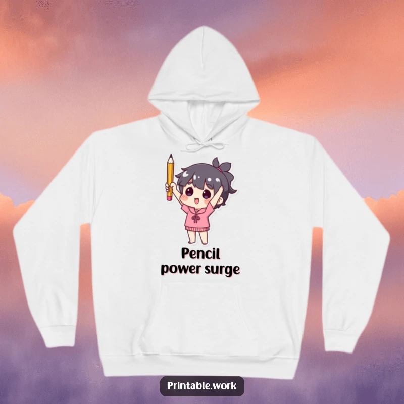 Funny hoodie depicting a character exultantly holding up one used pencil, a humorous nod to resourcefulness and accomplishment.